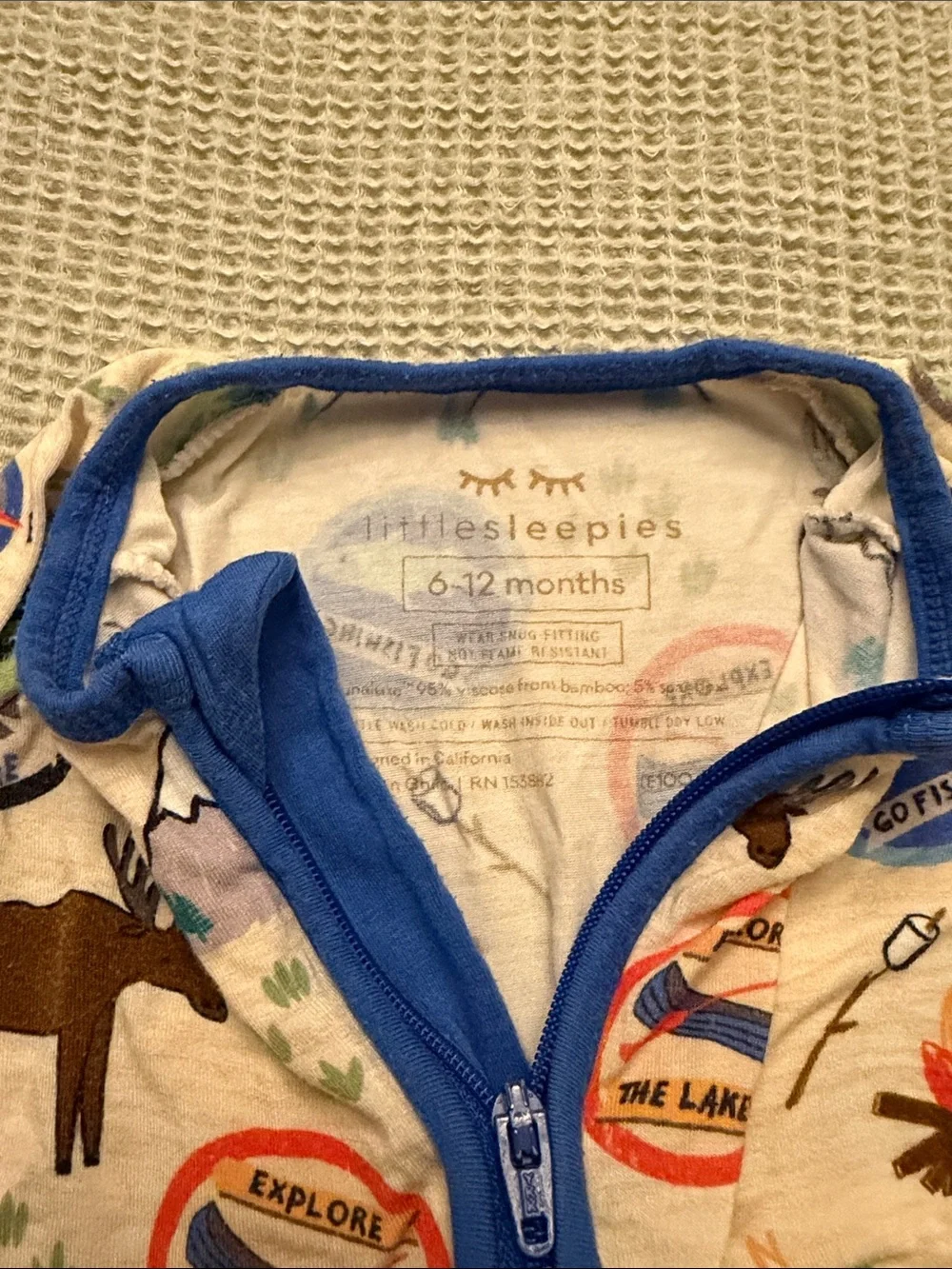 Little Sleepies Cream Camping Print Footie with Blue Trim and Multicolor Motifs